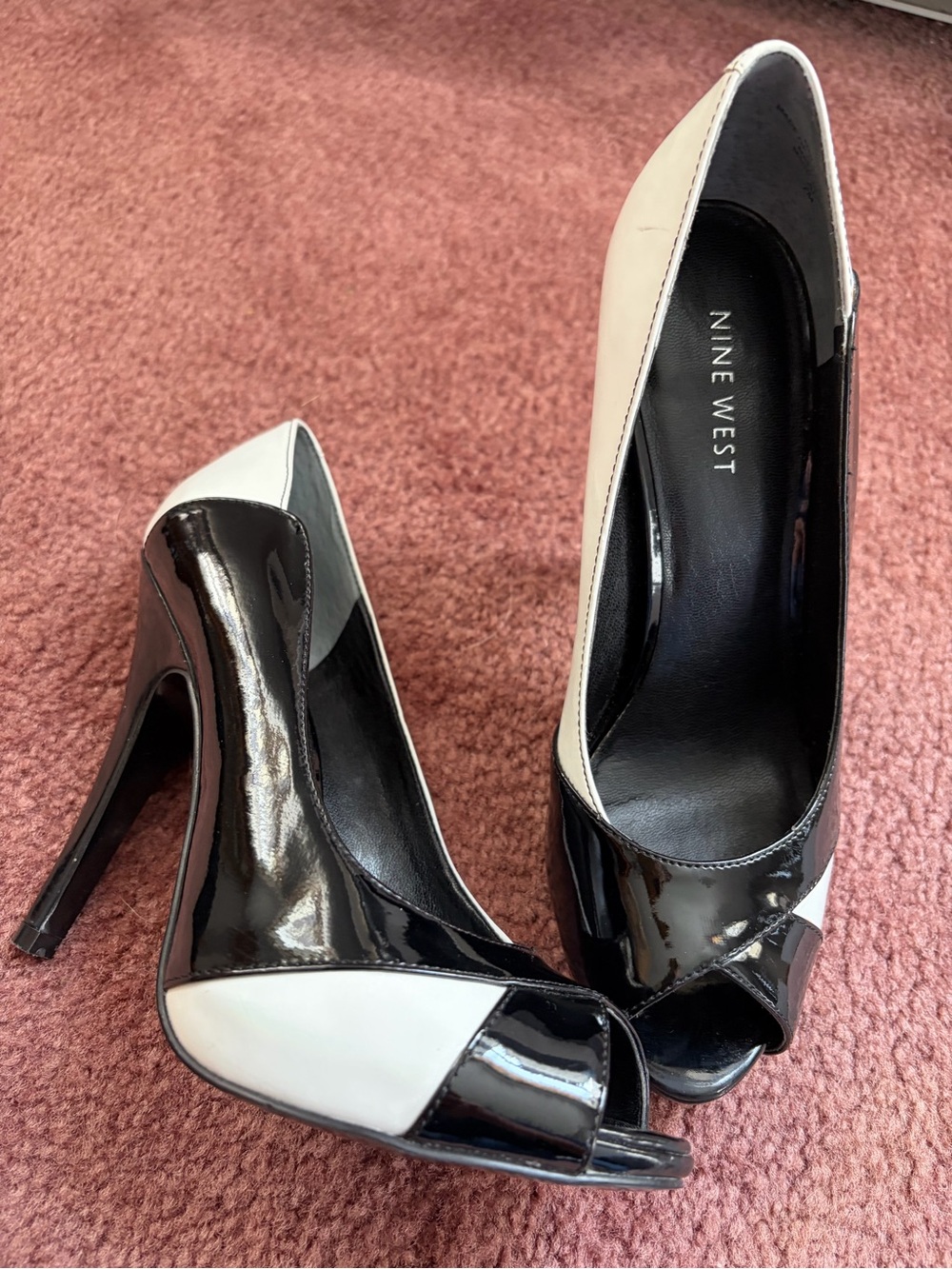 Nine West Black and White Patent Peep-Toe Heels